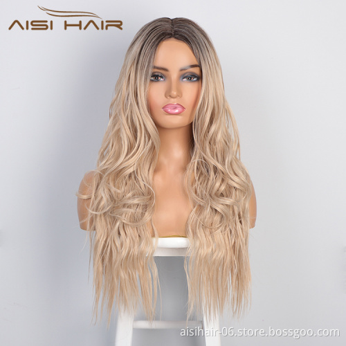 Aisi Hair Wholesale Cheap Vendor Ombre Blonde Body Wave Wigs Long Wavy Lace Frontal Wigs Synthetic Hair Wigs For Black Women